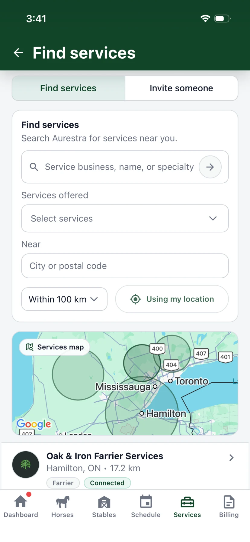 Aurestra service search showing nearby equine businesses